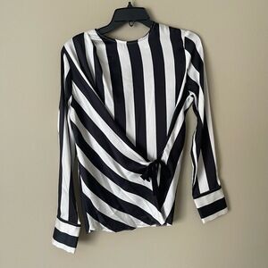 Topshop Blouse Womens US 2 Black White Striped Tie Waist Long Sleeve Chic